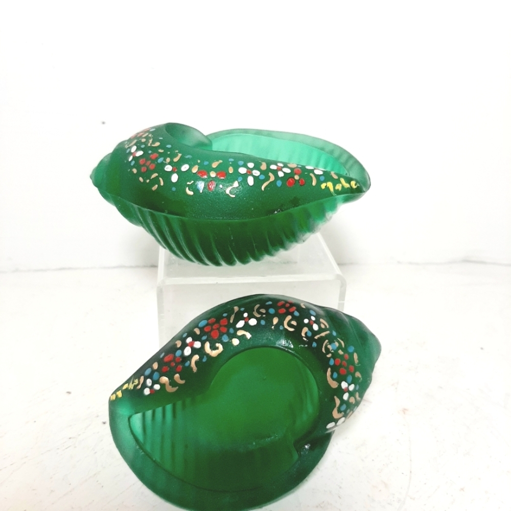 Pair of Satin Emerald Green Hand painted Shell Tealight Holders